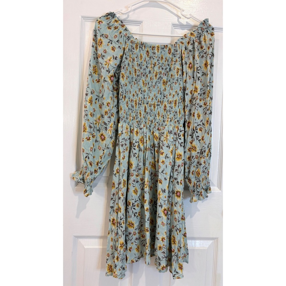 Angie Floral Print Long Sleeve Dress Light Blue Yellow Bohemian Cottagecore S